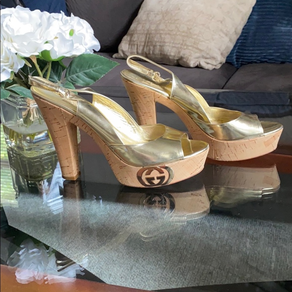 Gucci Gold Patent Cork Platform Peep Slingback